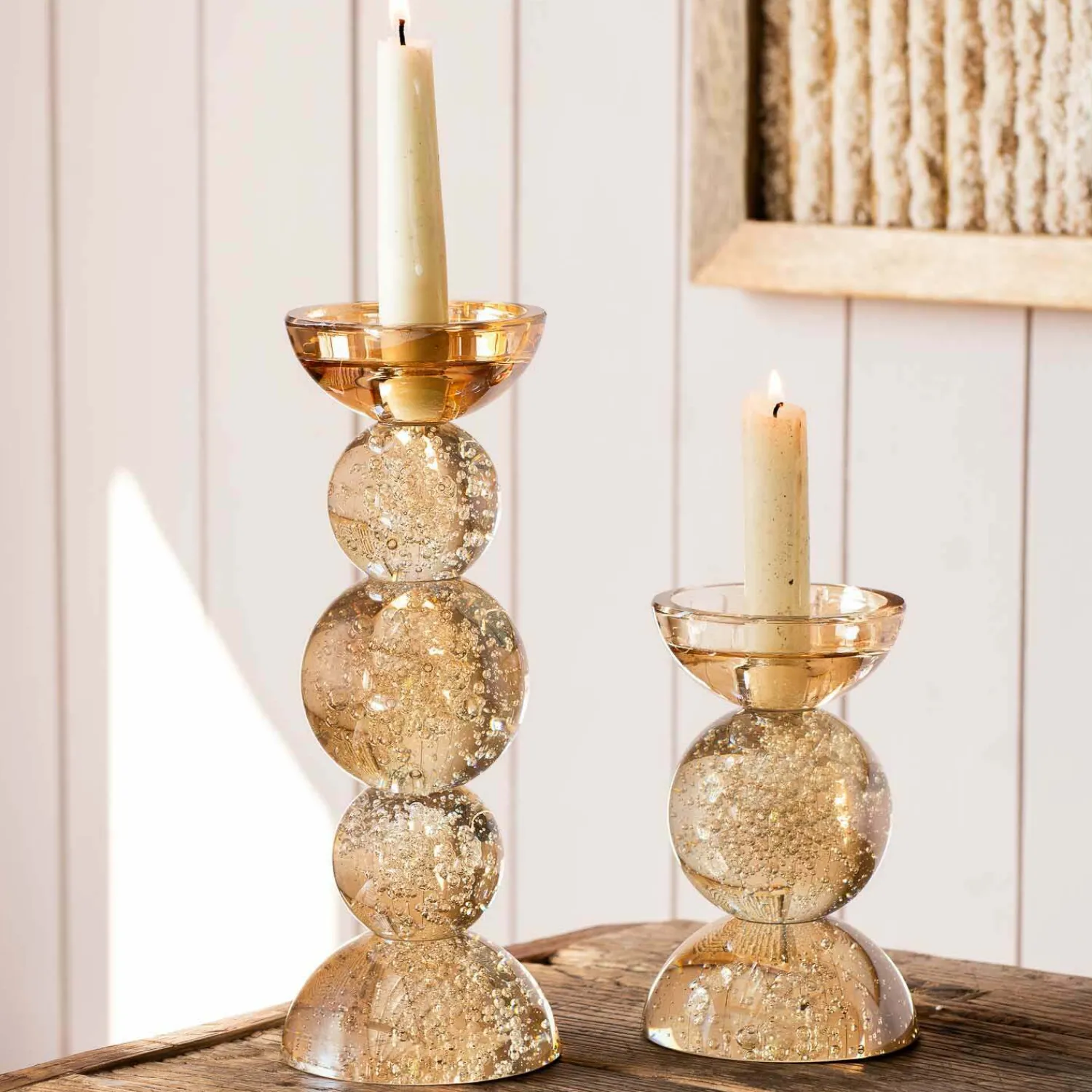 Graham & Green Amber Bubble Glass Candle Holders