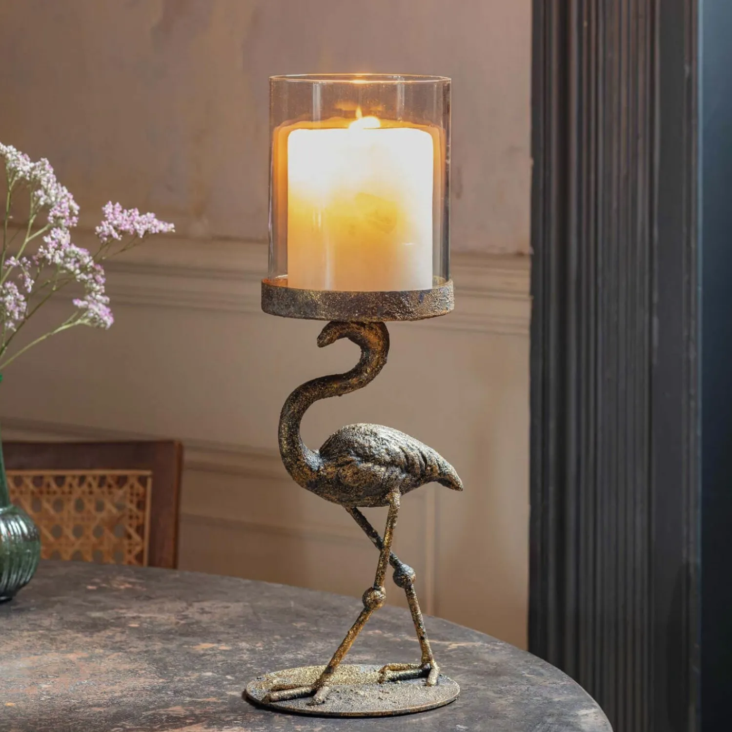 Graham & Green Antique Brass Flamingo Candle Holder