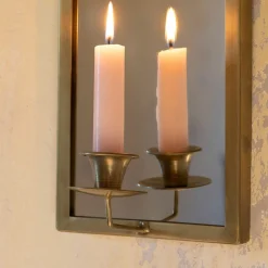 Graham & Green Antiqued Brass Wall Mirror with Candle Sconce