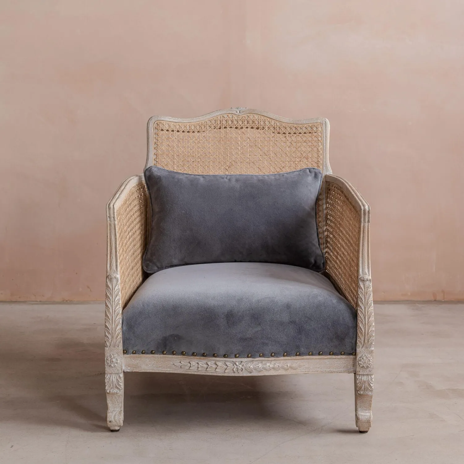 Graham & Green Baylor Grey Velvet and Cane Armchair