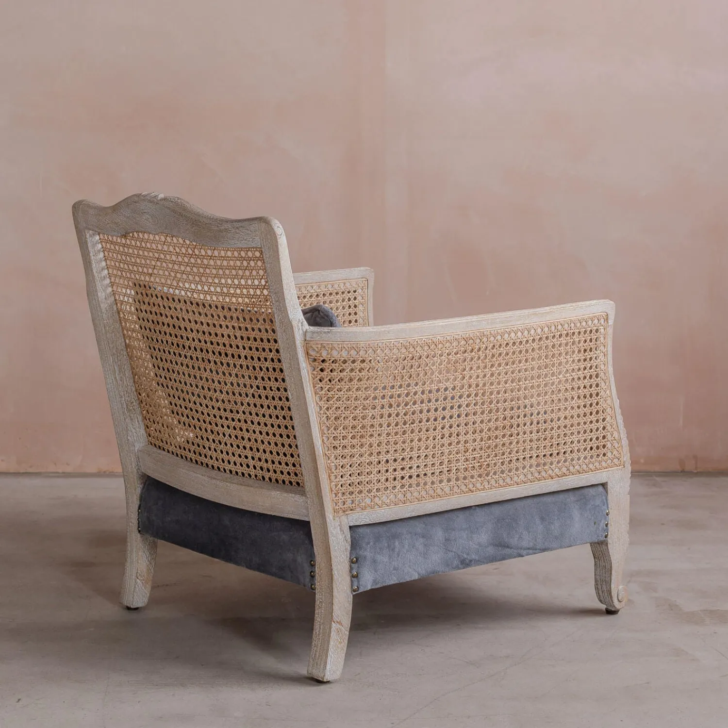 Graham & Green Baylor Grey Velvet and Cane Armchair