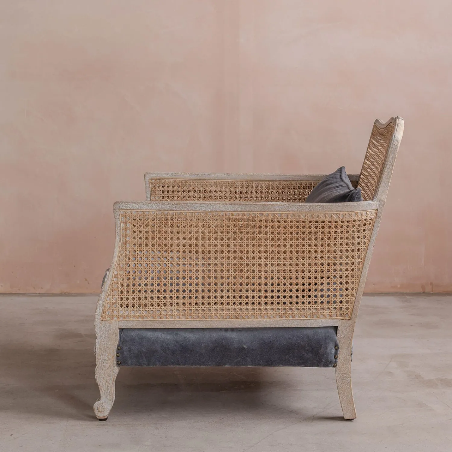 Graham & Green Baylor Grey Velvet and Cane Armchair