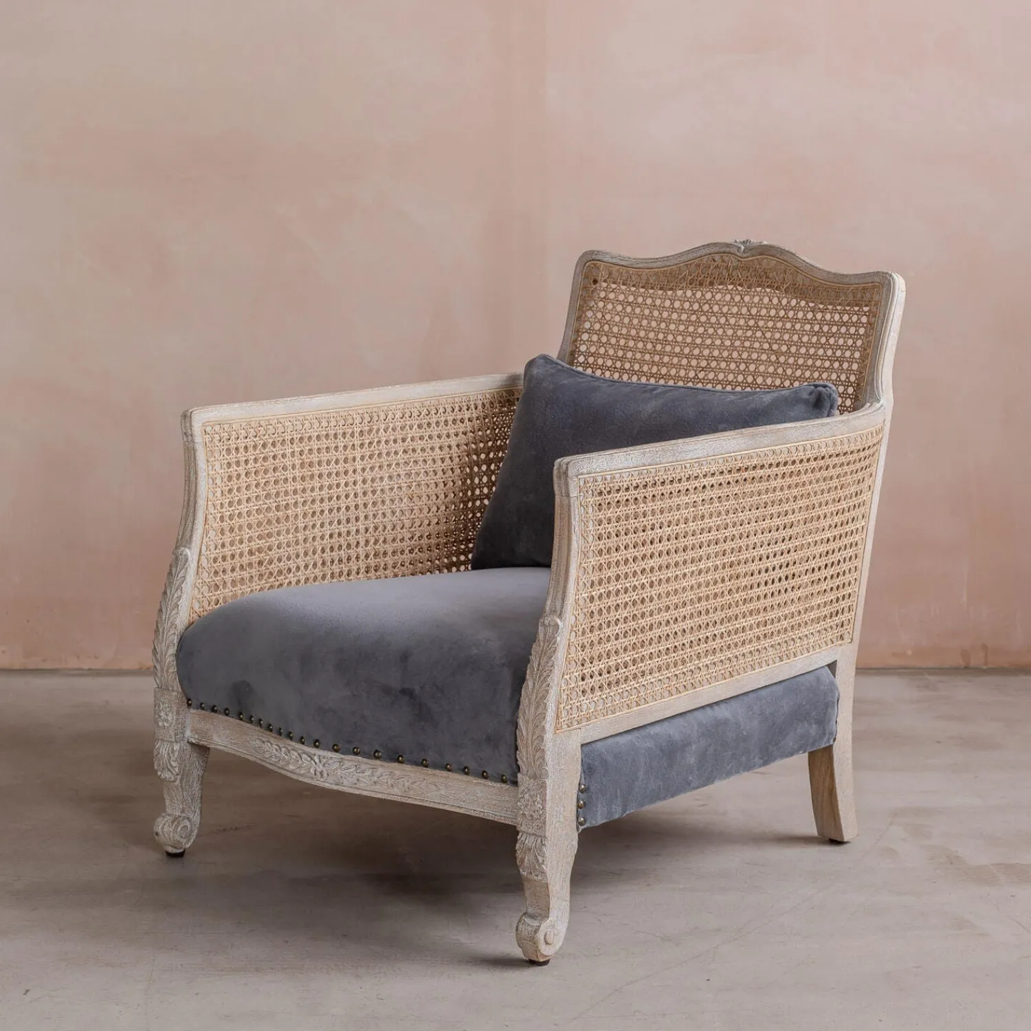 Graham & Green Baylor Grey Velvet and Cane Armchair