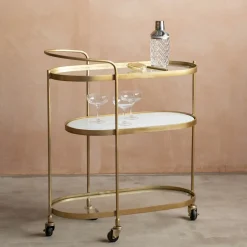 Graham & Green Beau Drinks Trolley with White Marble and Glass Shelves
