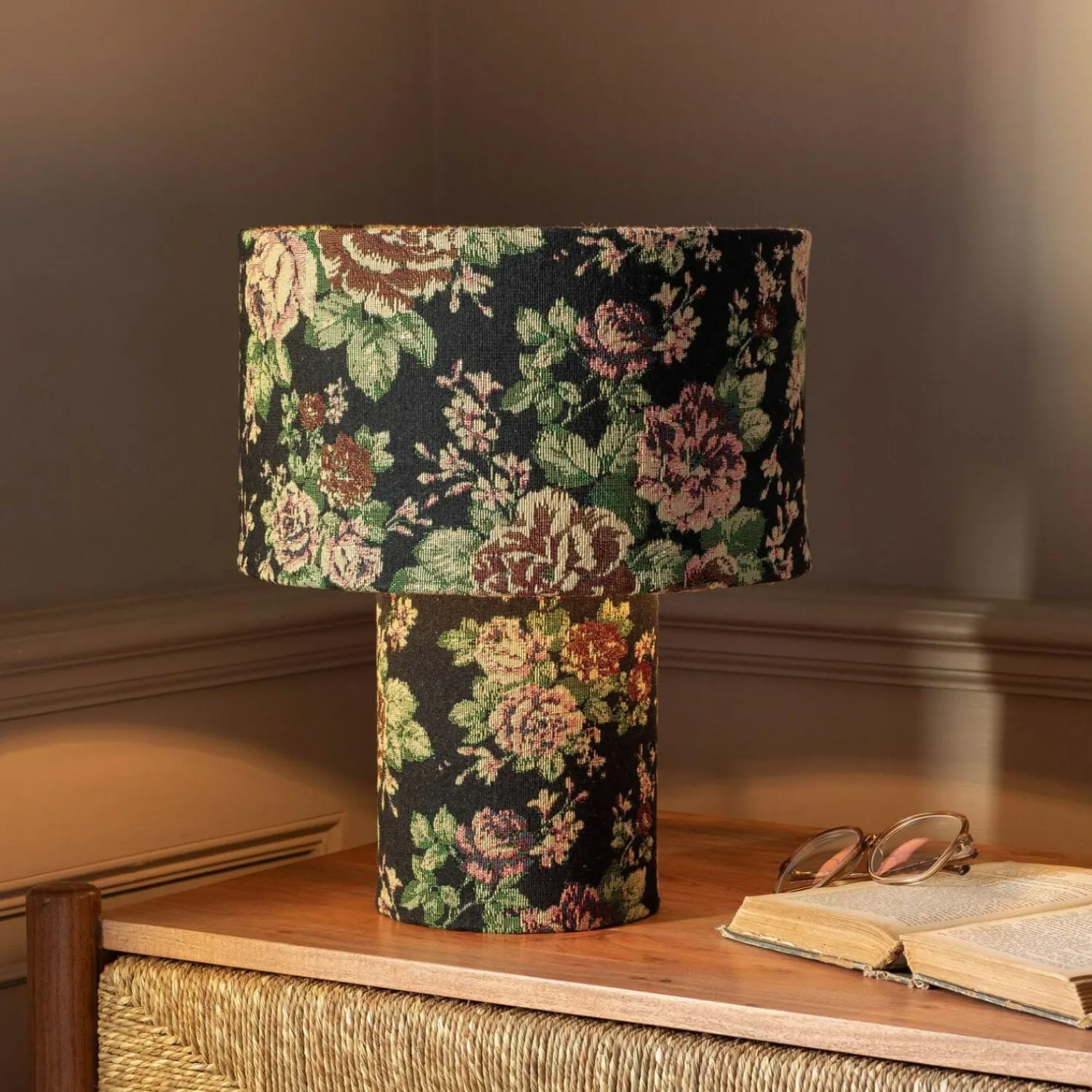 Graham & Green Black Floral Tapestry Table Lamp