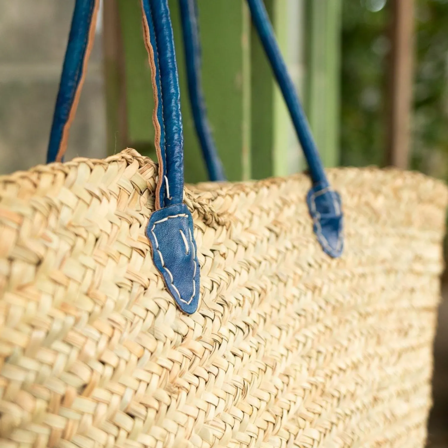 Graham & Green Blue Leather and Natural Woven Palm Shopper Bag