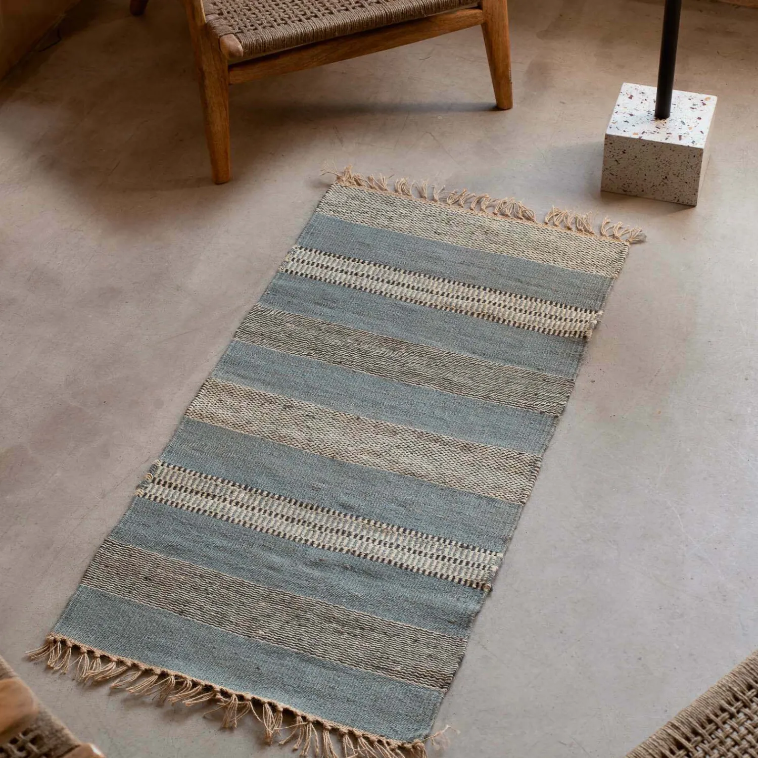 Graham & Green Blue, White & Black Striped Rug 120 x 60cm.
