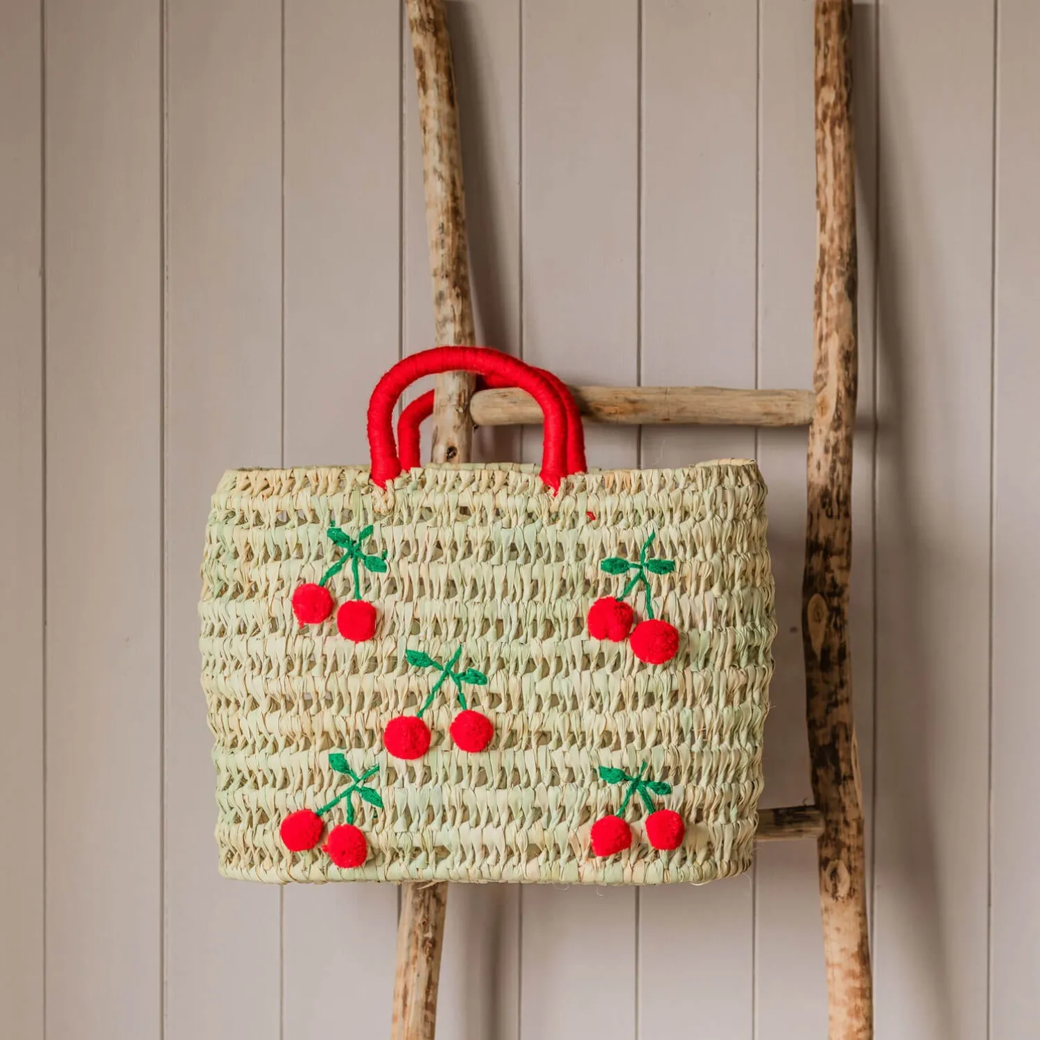 Graham & Green Cherry Embroidered Basket Tote Bag