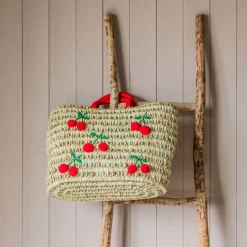 Graham & Green Cherry Embroidered Basket Tote Bag