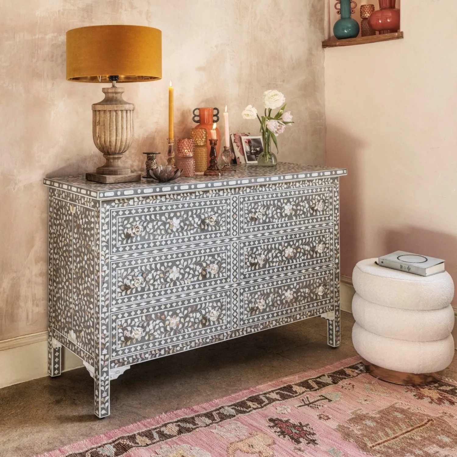 Graham & Green Classic Grey Mother of Pearl Small Double Chest of Drawers