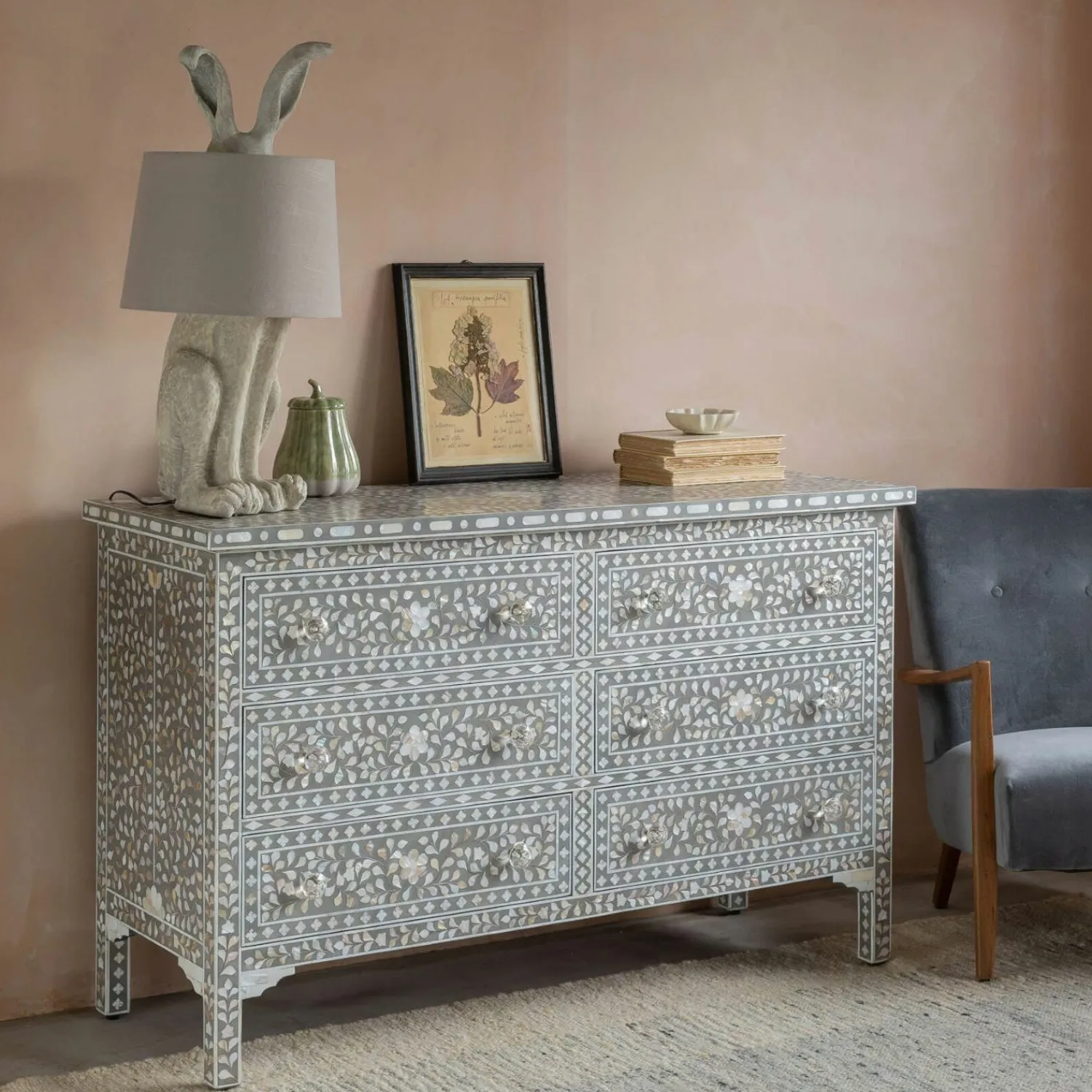 Graham & Green Classic Grey Mother of Pearl Small Double Chest of Drawers