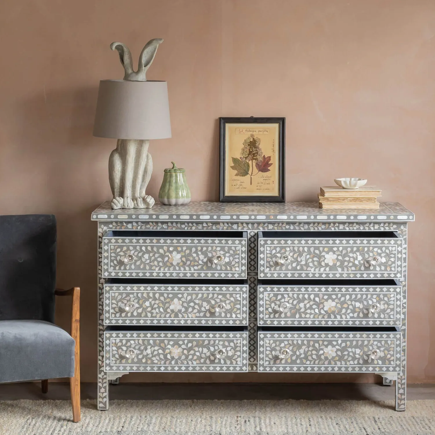 Graham & Green Classic Grey Mother of Pearl Small Double Chest of Drawers