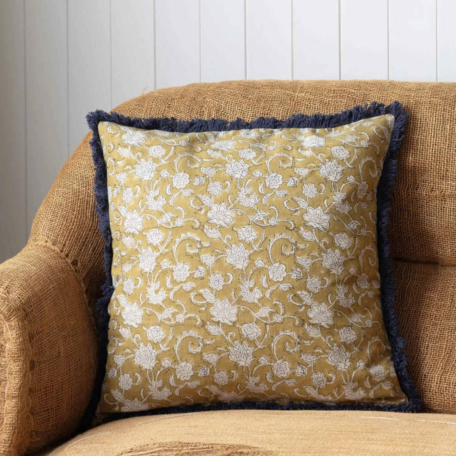 Graham & Green Cotton Block Printed Square Cushions with tassel trim