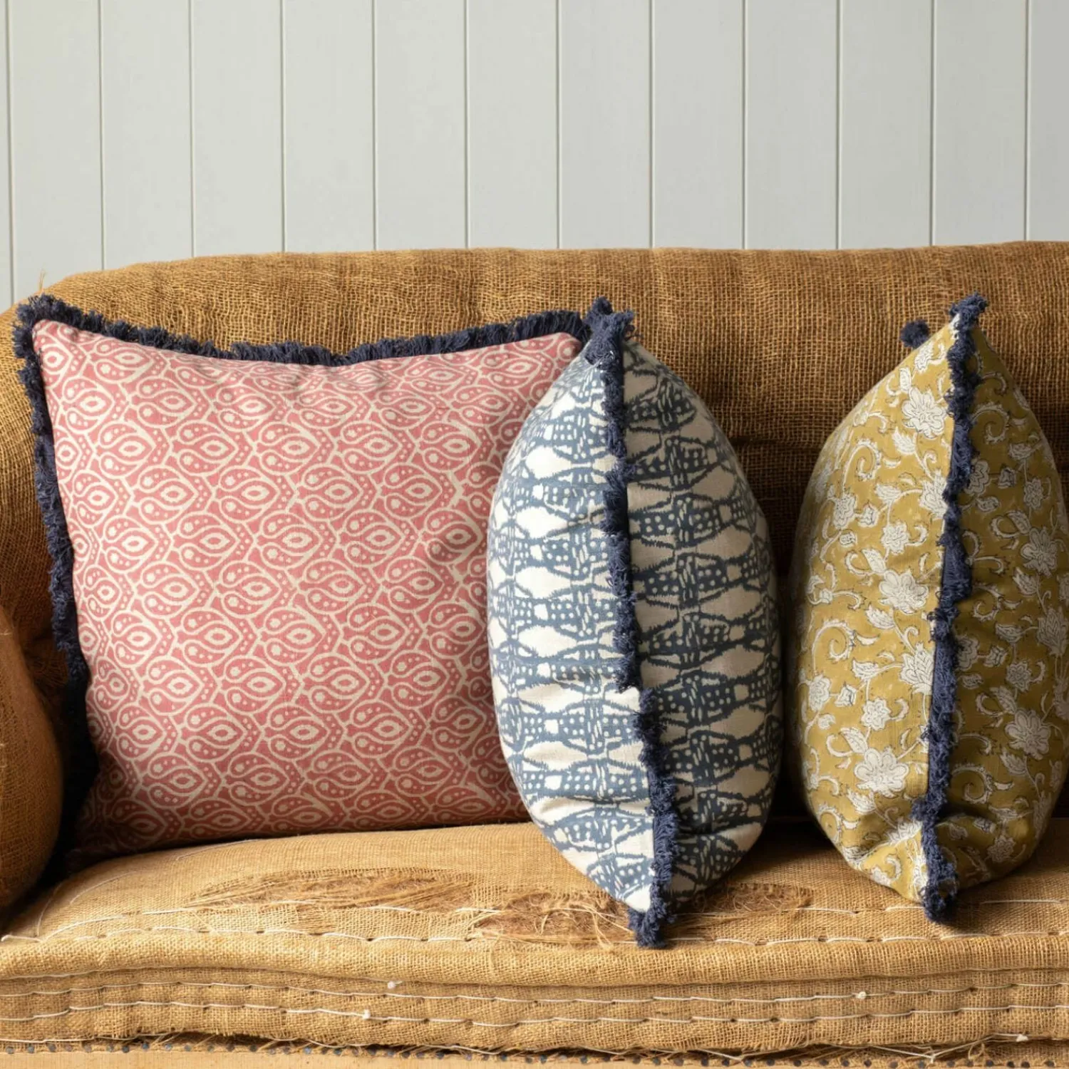 Graham & Green Cotton Block Printed Square Cushions with tassel trim