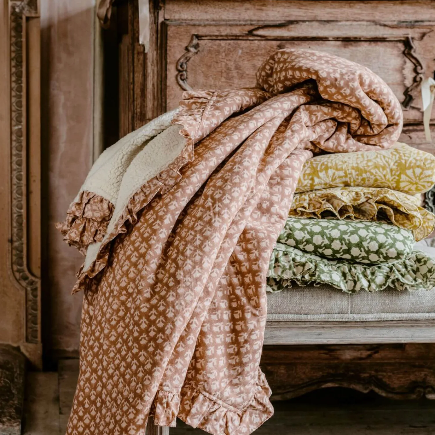 Graham & Green Eliza Floral Block Printed Sherpa Throw