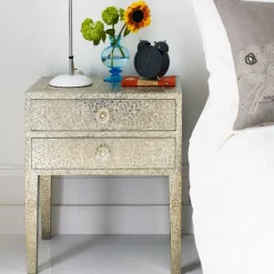 Graham & Green Embossed White Metal Bedside Table
