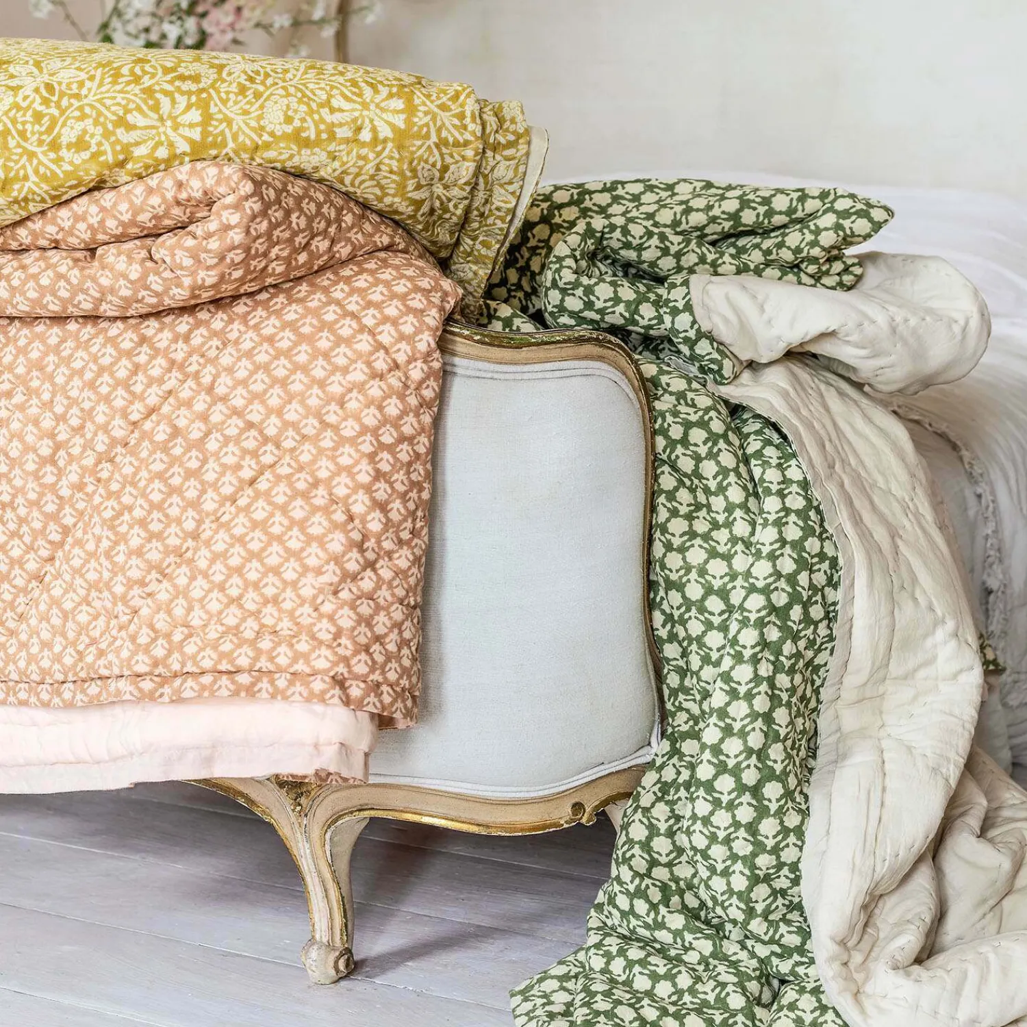Graham & Green Esme Floral Block Printed Bed Quilt