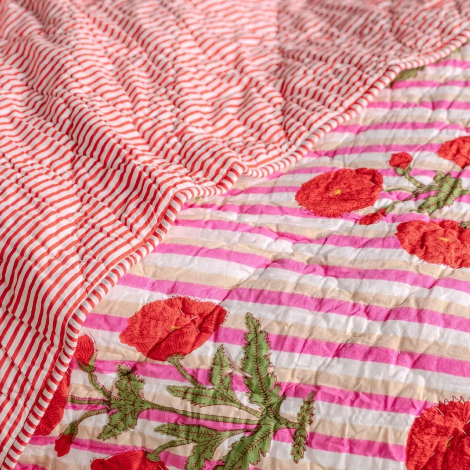 Graham & Green Floral and Pink Stripe Reversible King Size Quilt