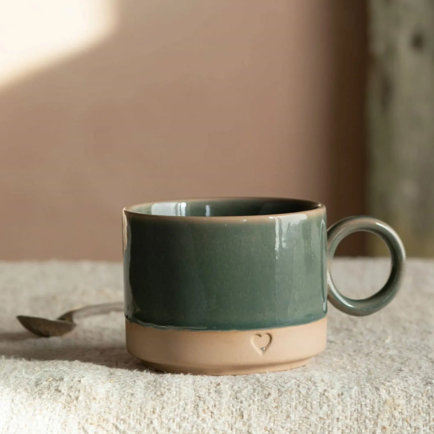 Graham & Green Green and Brown Stoneware Mug with Heart Detail