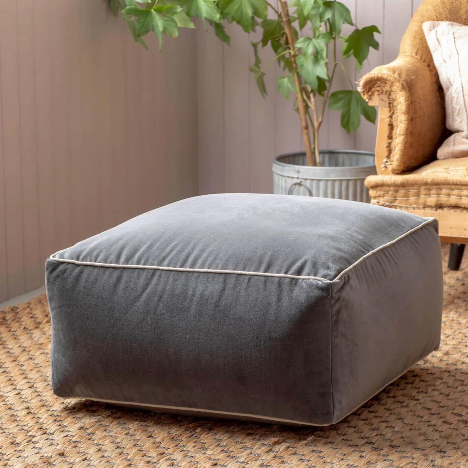 Graham & Green Grey Velvet Pouffe