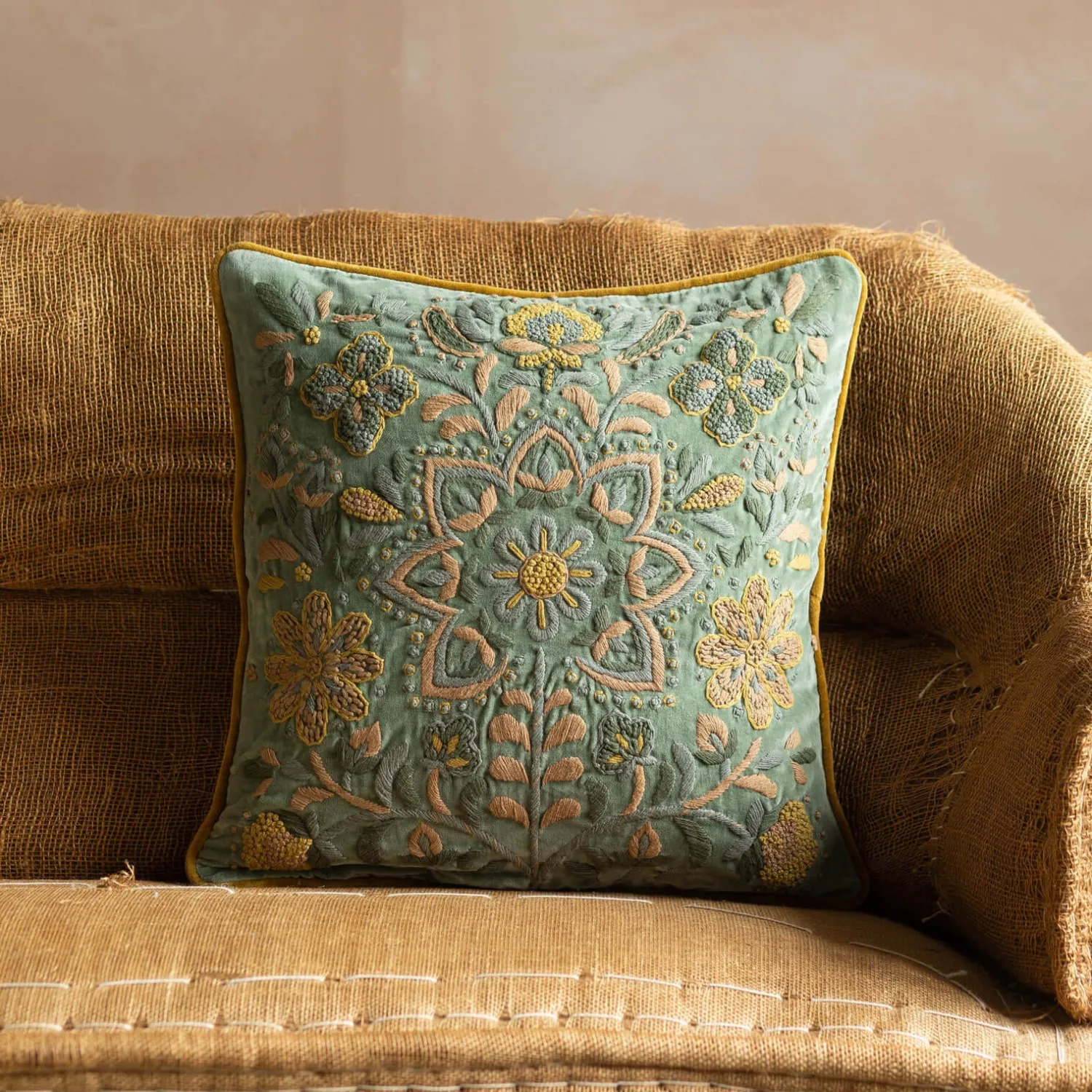 Graham & Green Ione Embroidered Velvet Square Cushion