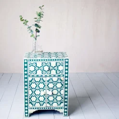 Graham & Green Jade Green Floral Bone Inlay Bedside Table