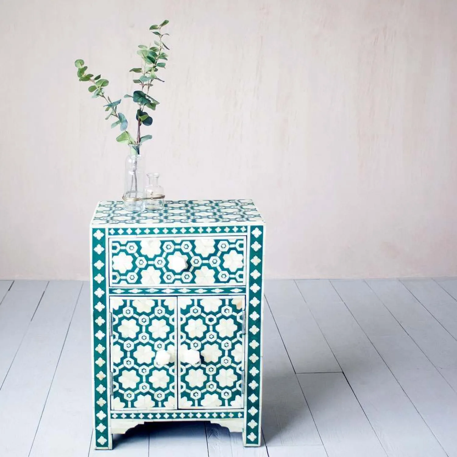 Graham & Green Jade Green Floral Bone Inlay Bedside Table