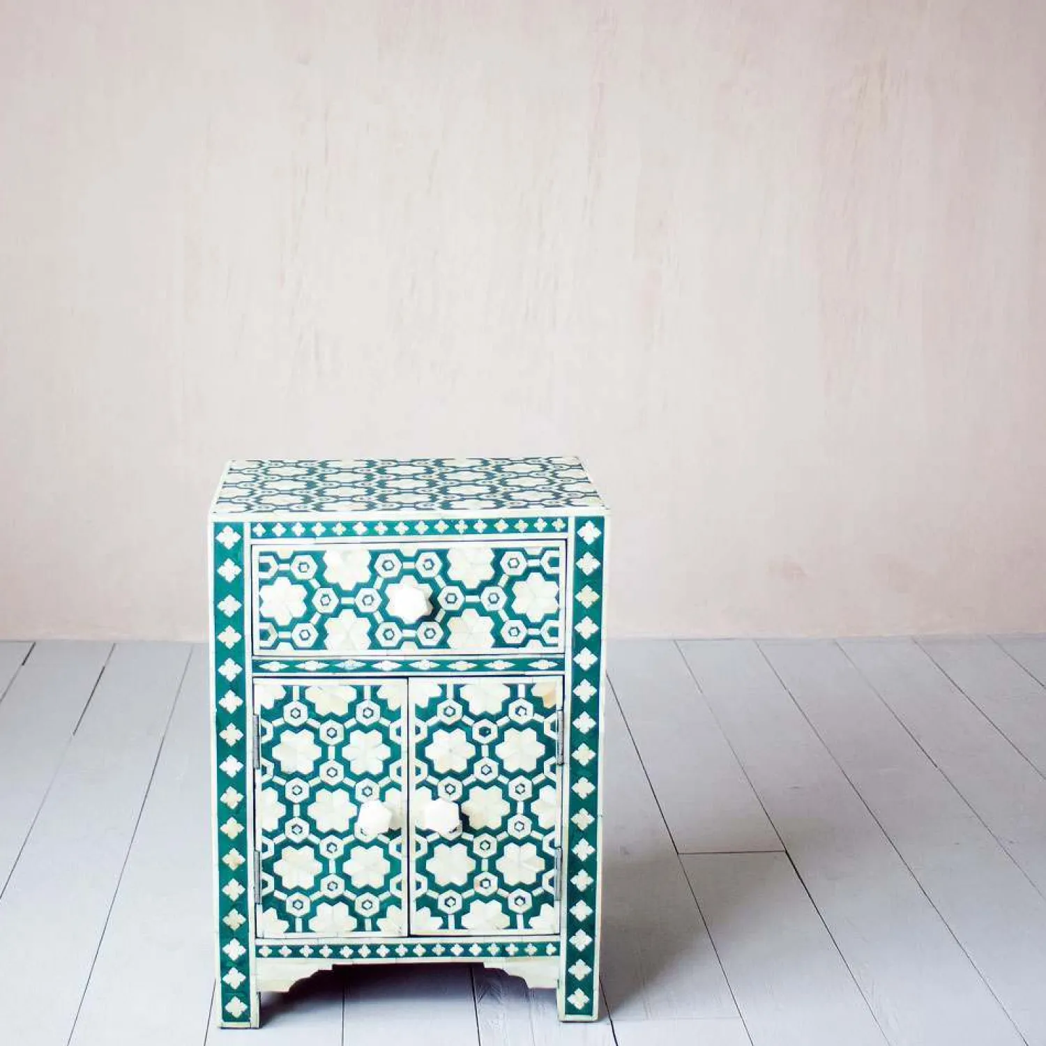 Graham & Green Jade Green Floral Bone Inlay Bedside Table