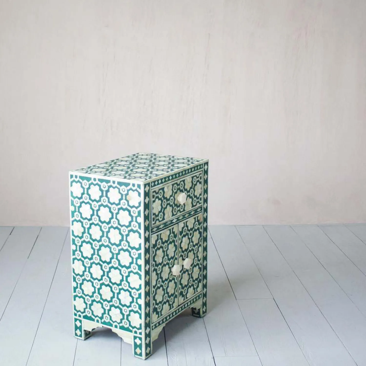 Graham & Green Jade Green Floral Bone Inlay Bedside Table