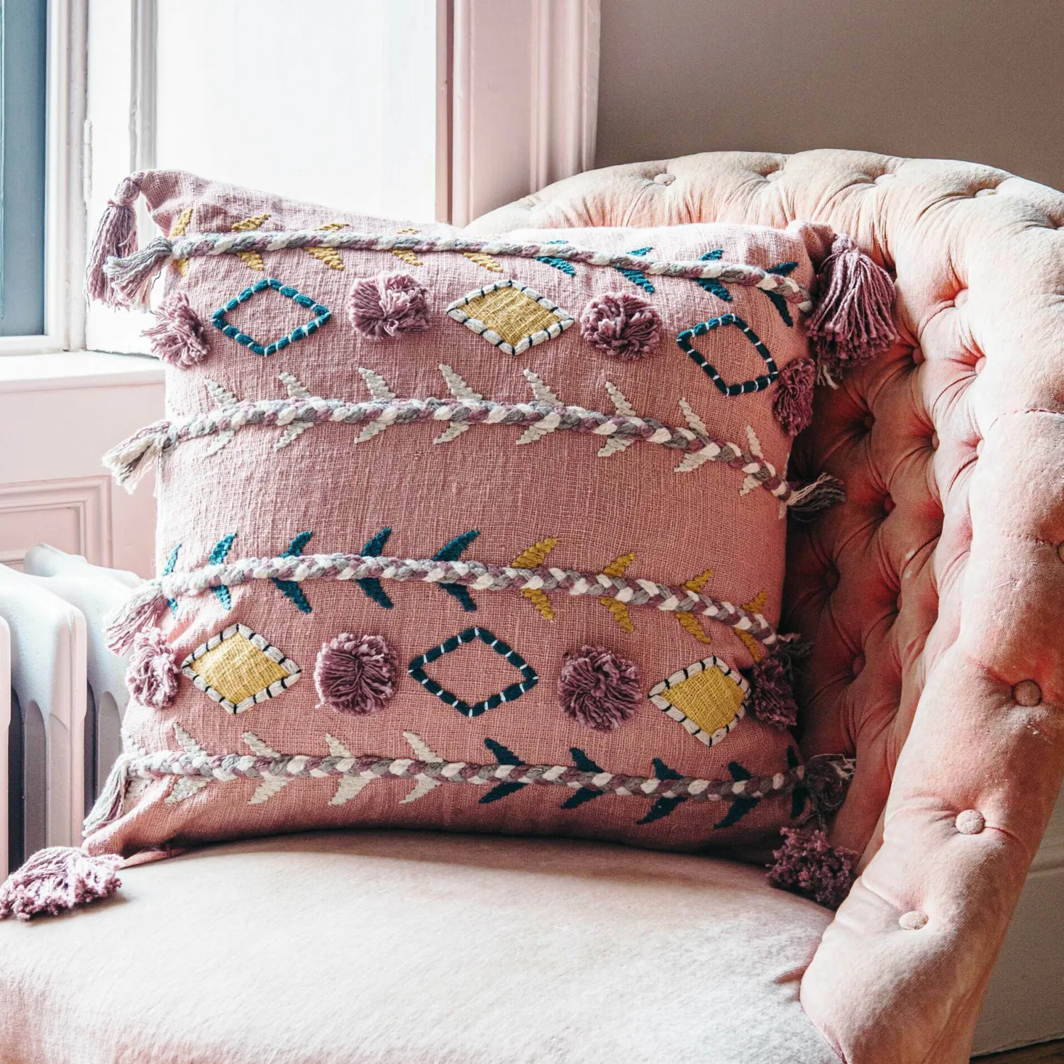 Graham & Green Jaz Three Stripe Square Cushion with Pom Poms