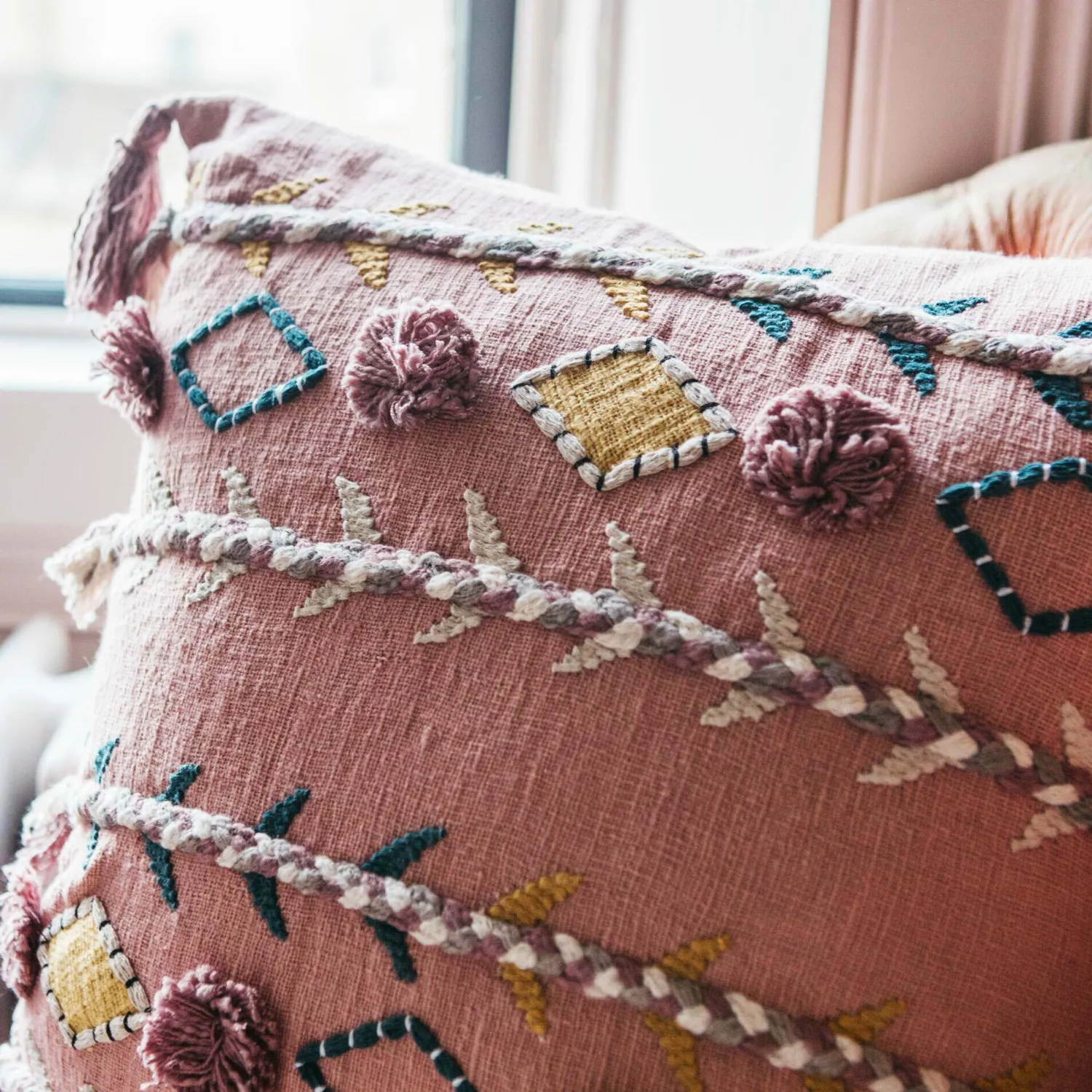 Graham & Green Jaz Three Stripe Square Cushion with Pom Poms