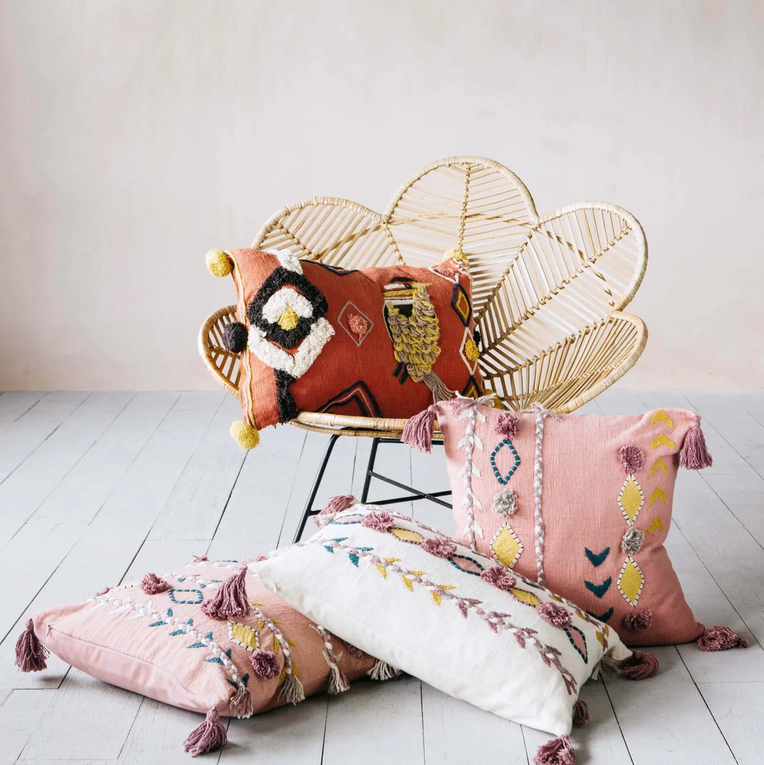 Graham & Green Jaz Three Stripe Square Cushion with Pom Poms
