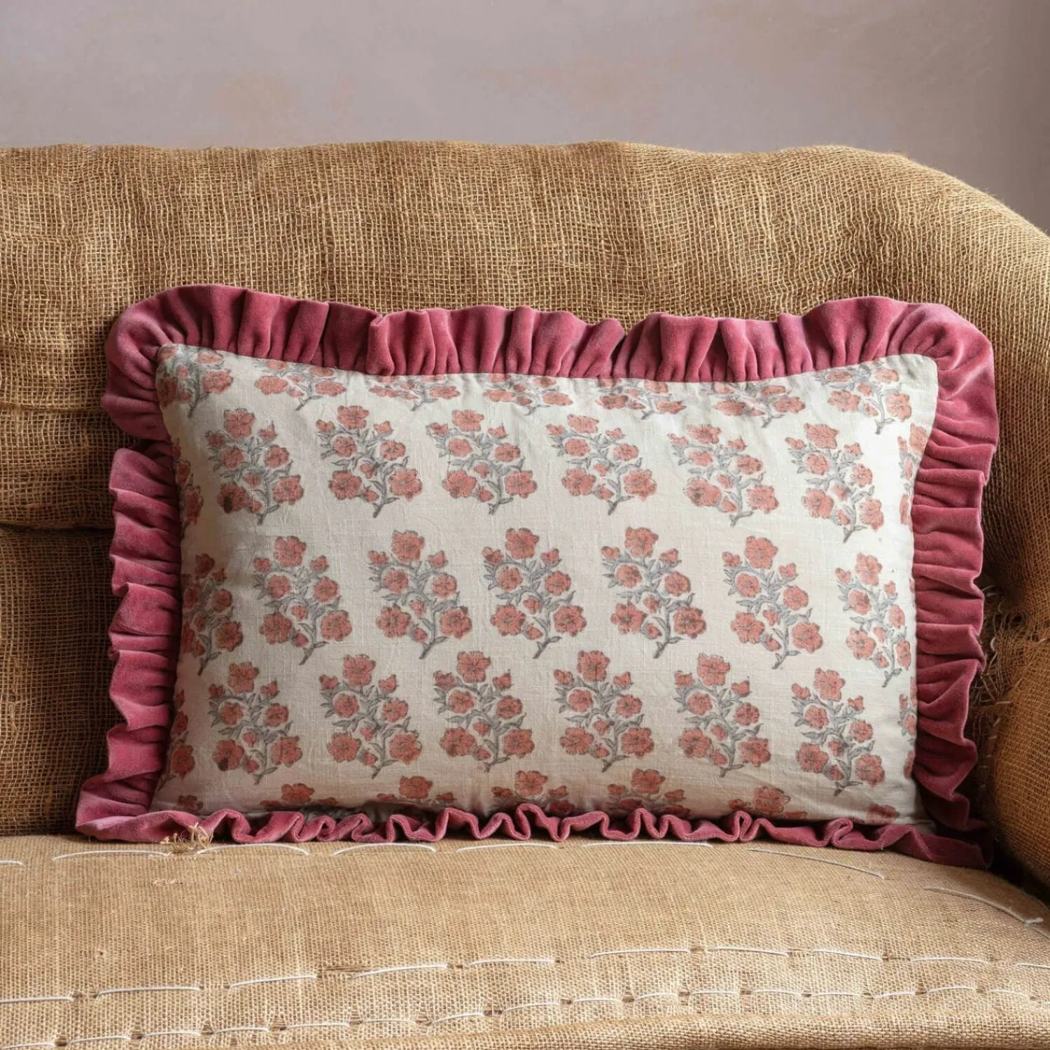 Graham & Green Large Rectangular Velvet Frill Block Printed Cushions