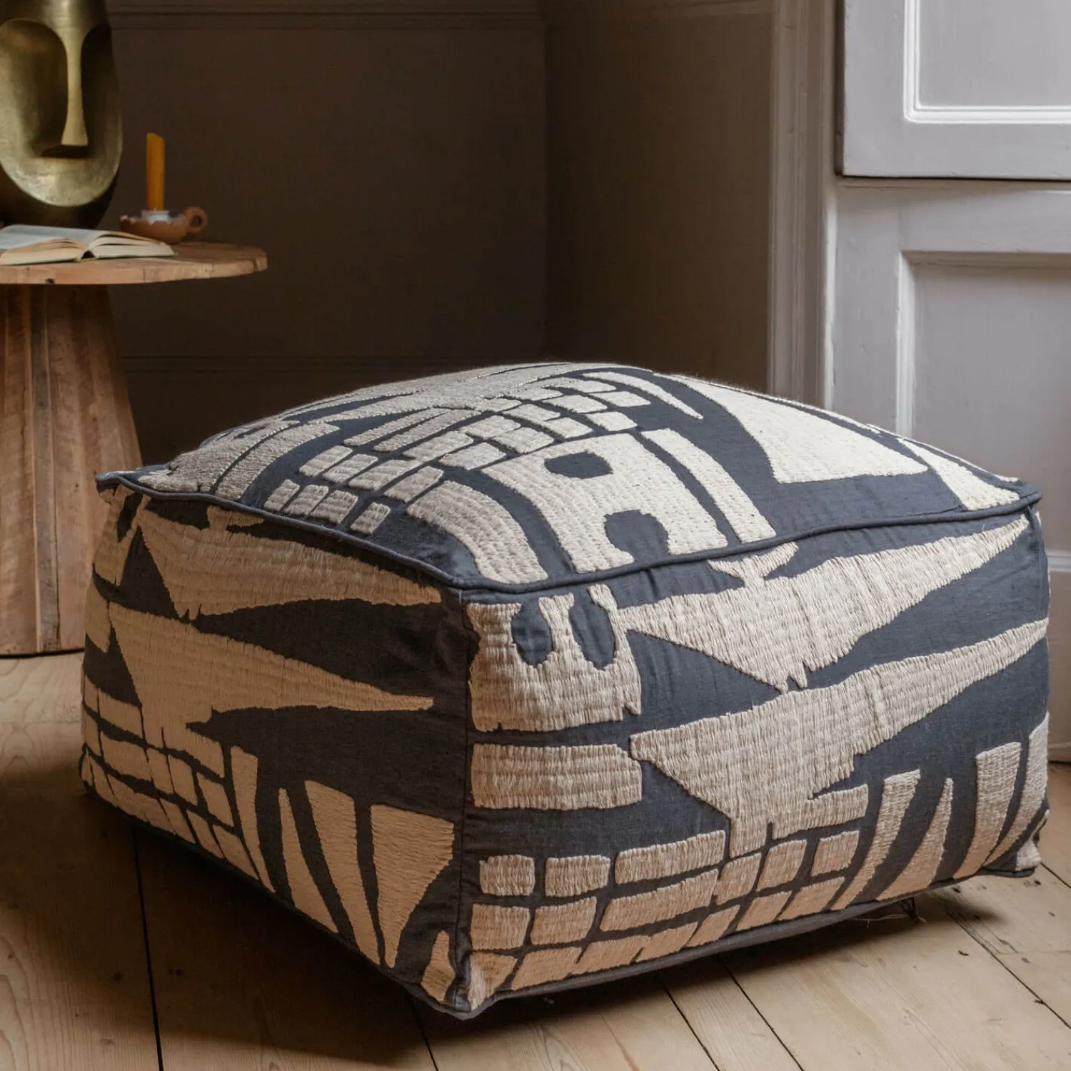 Graham & Green Lilou Abstract Navy Linen Pouffe