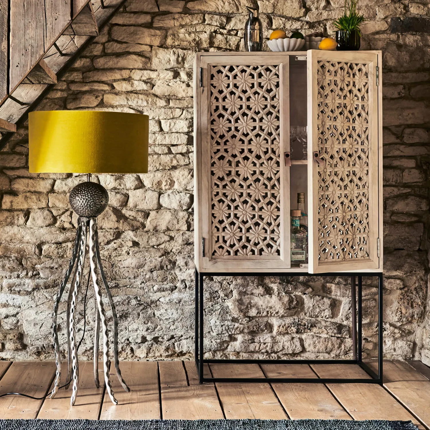 Graham & Green Momoka Hand-Carved Bar Cabinet
