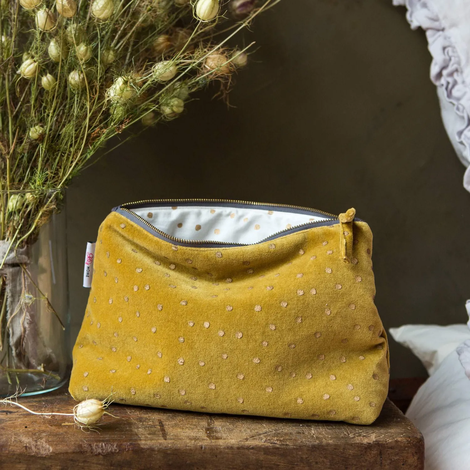 Graham & Green Mustard Dotty Velvet Wash Bags