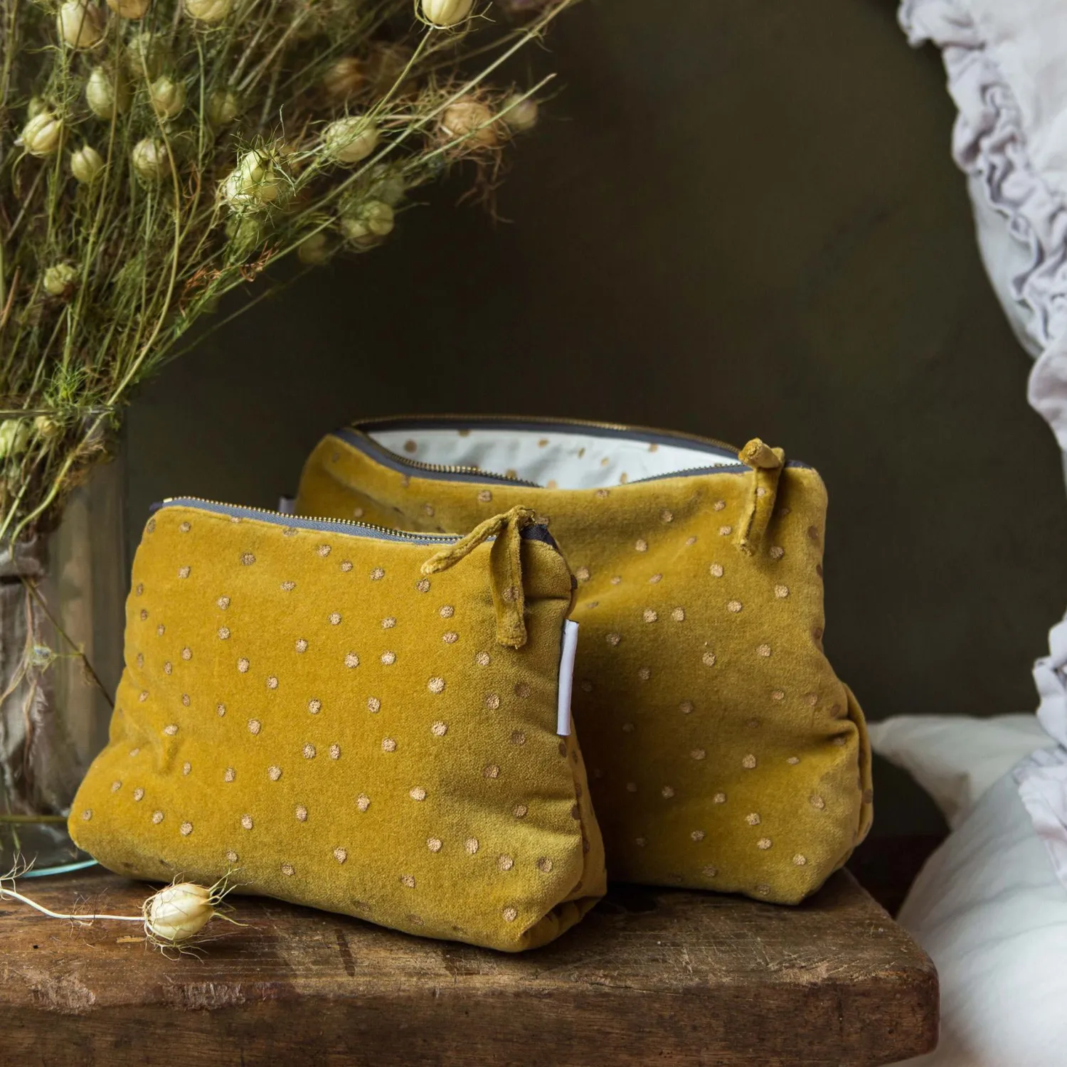 Graham & Green Mustard Dotty Velvet Wash Bags