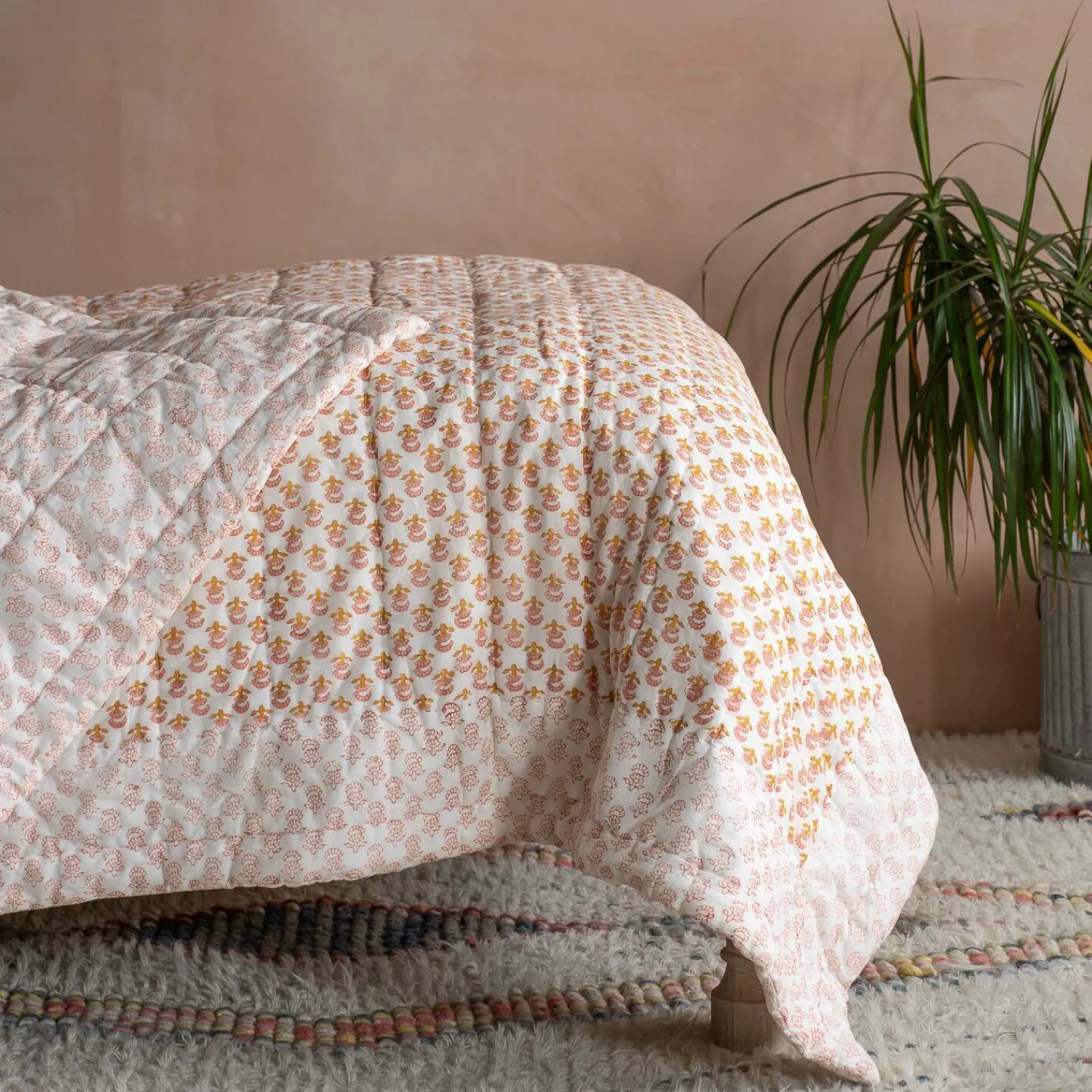 Graham & Green Natural Flower Hand-Printed Quilt