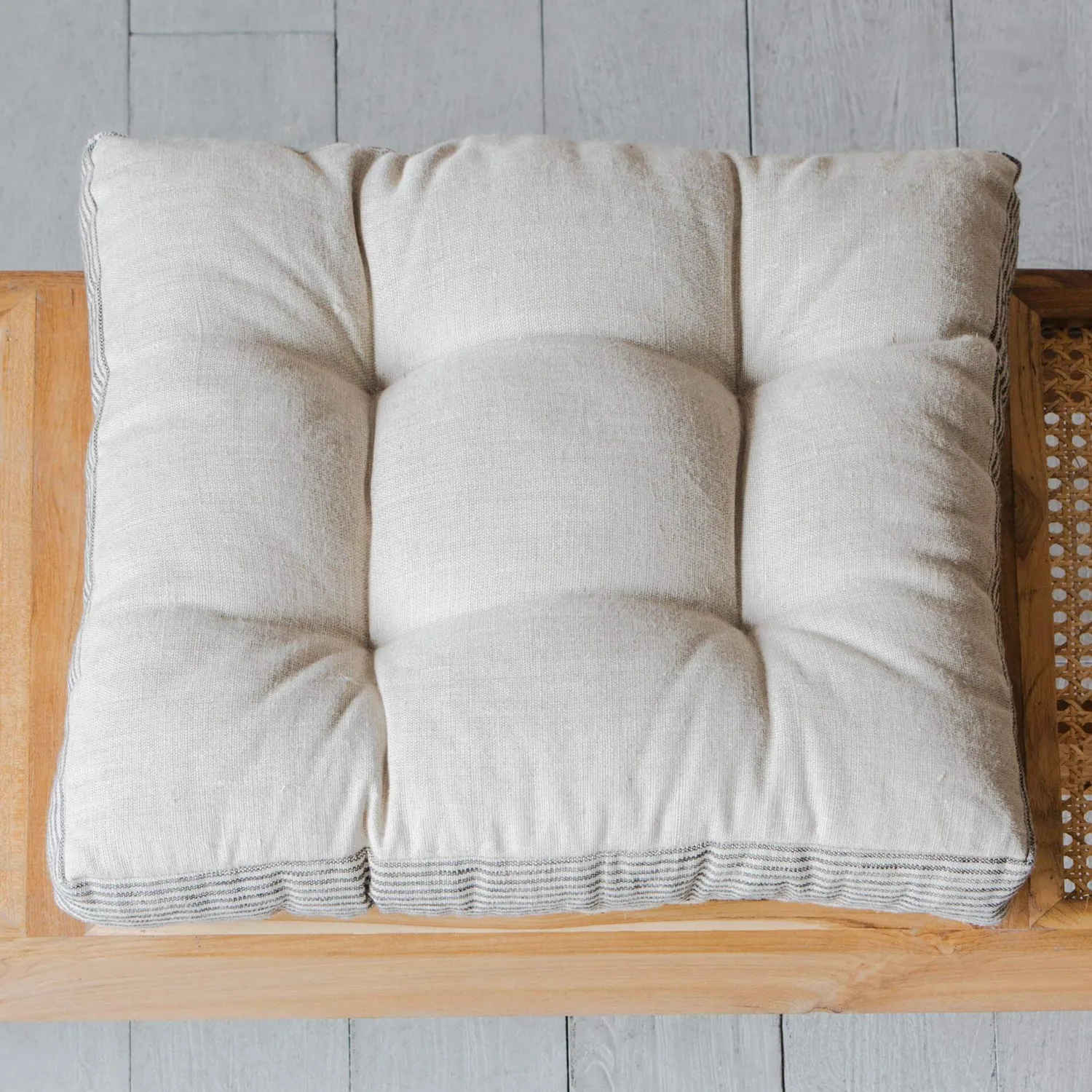 Graham & Green Natural Linen Square Seat Pad with Striped Linen Border