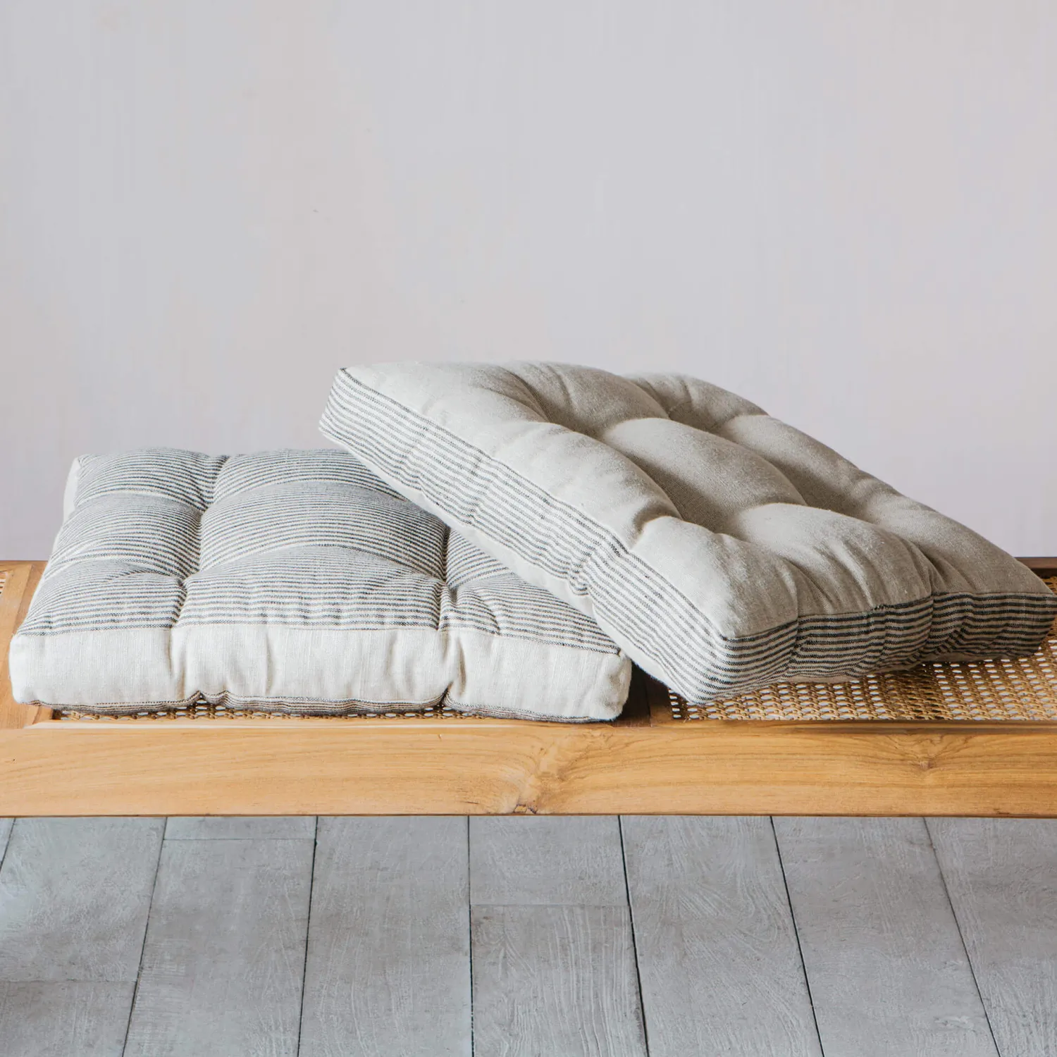 Graham & Green Natural Linen Square Seat Pad with Striped Linen Border