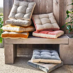 Graham & Green Natural Linen Square Seat Pad with Striped Linen Border