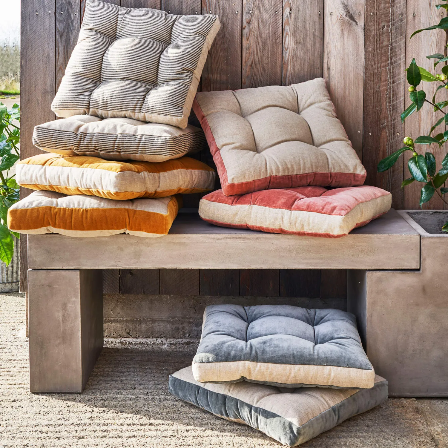 Graham & Green Natural Linen Square Seat Pad with Striped Linen Border