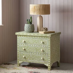 Graham & Green Olive Floral Bone Inlay Large Bedside Table