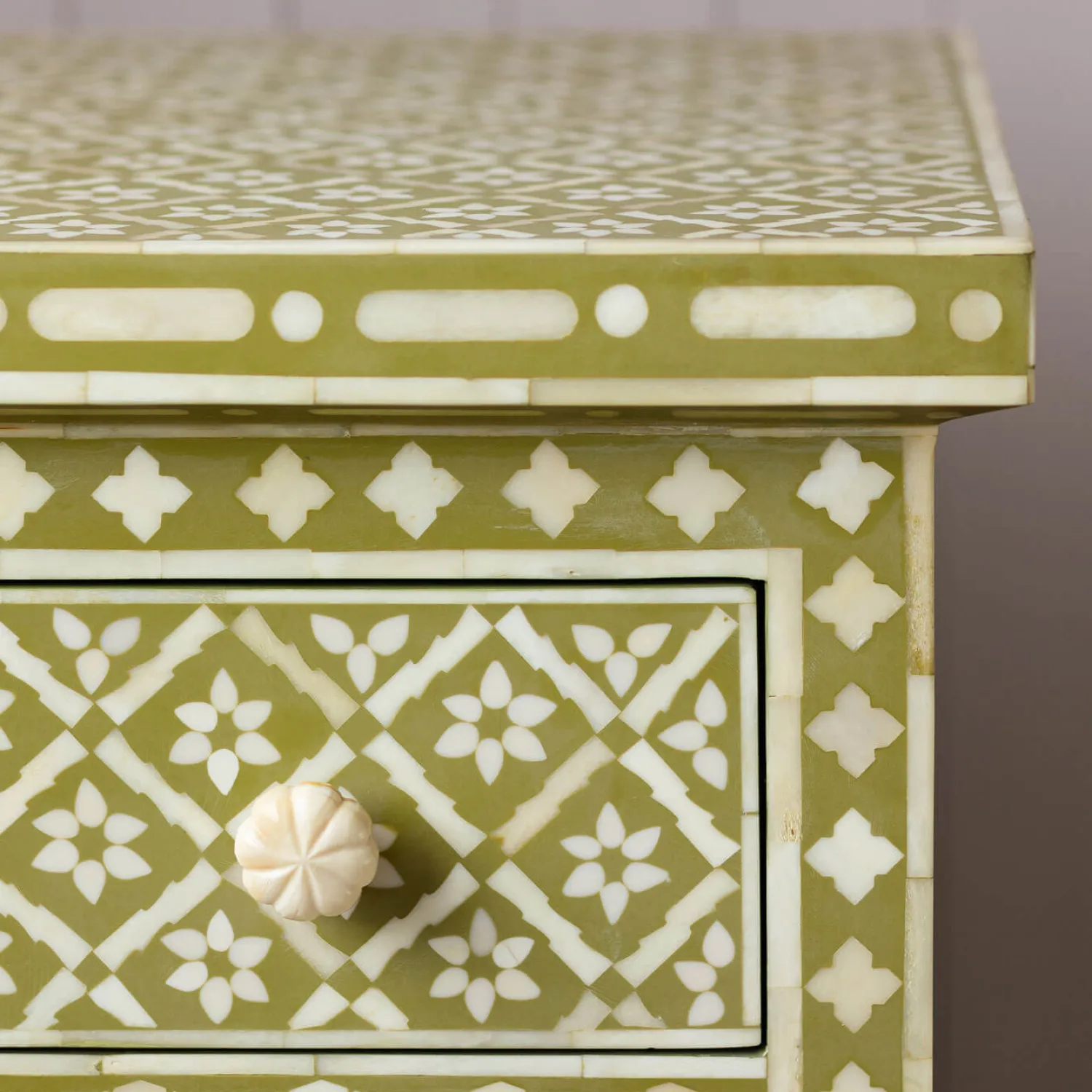 Graham & Green Olive Floral Bone Inlay Large Bedside Table