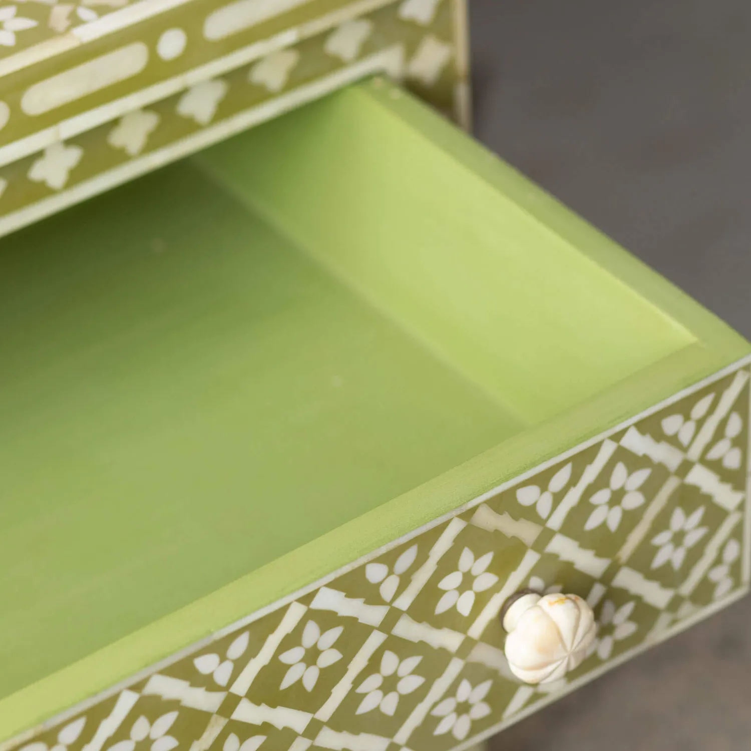Graham & Green Olive Floral Bone Inlay Large Bedside Table