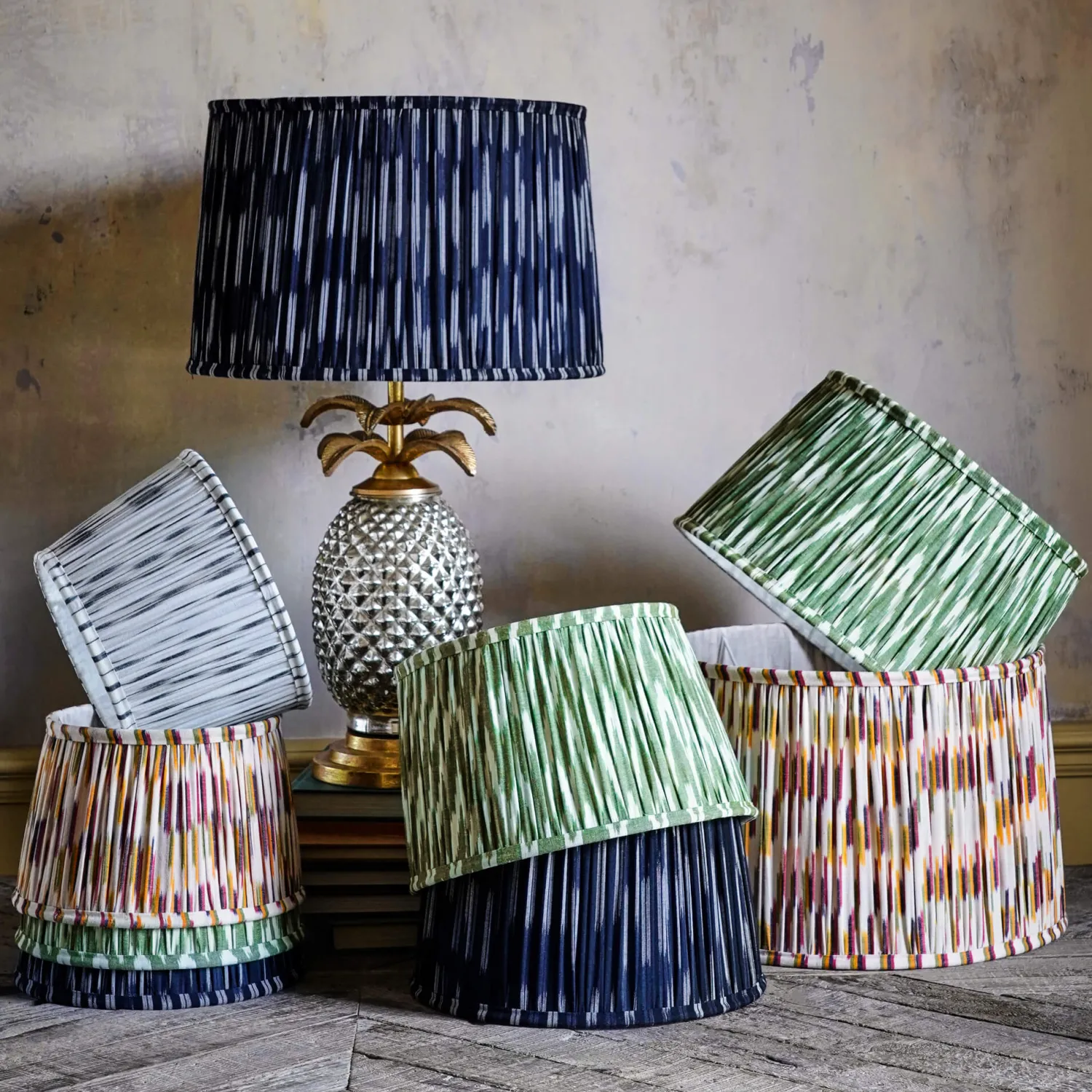 Graham & Green Olive Green Pleated Ikat Lamp Shades