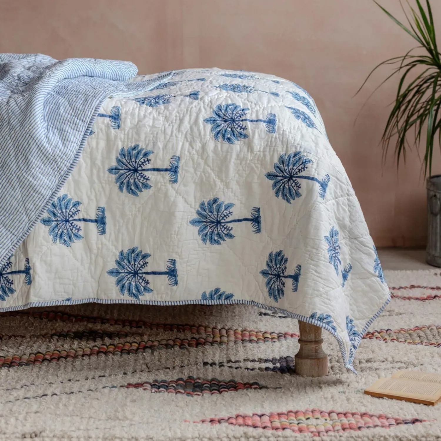 Graham & Green Palm Tree and Blue Stripe Reversible King Size Quilt