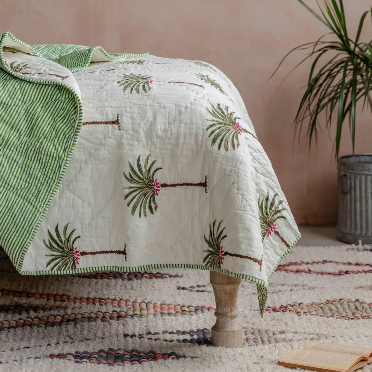 Graham & Green Palm Tree and Green Stripe Reversible King Size Quilt