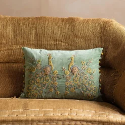 Graham & Green Peacock Embroidered Velvet Rectangular Cushion