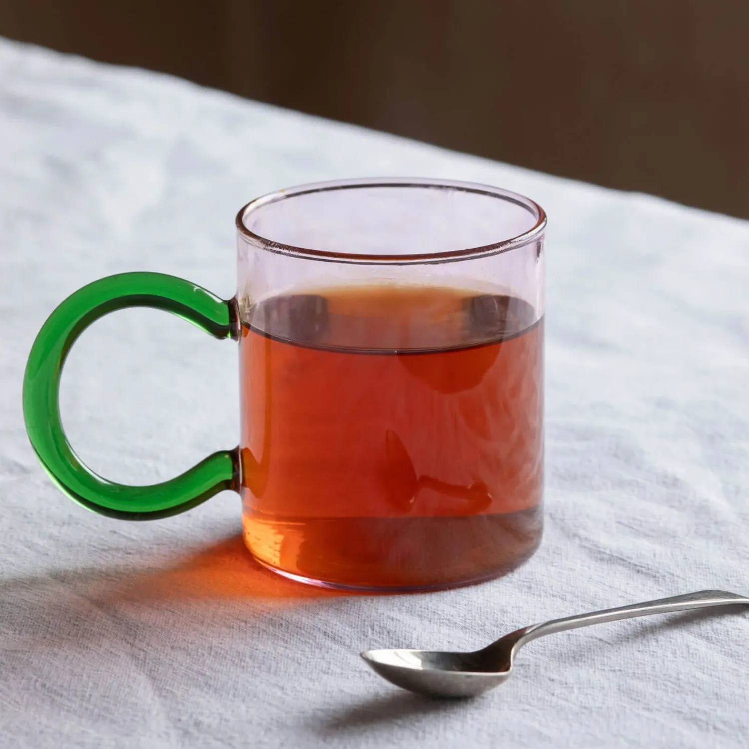 Graham & Green Pink Glass Mug with Green Handle